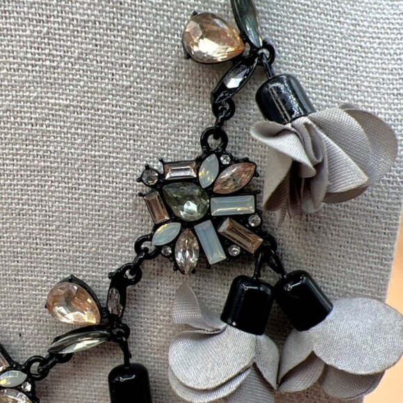 INC Statement Necklace With Fabric Flowers & Crystal Accents.  C16 - Picture 4 of 13